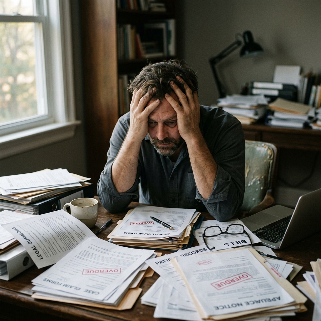 Hombre frustrado y agotado por el exceso de papeleo y burocracia médica