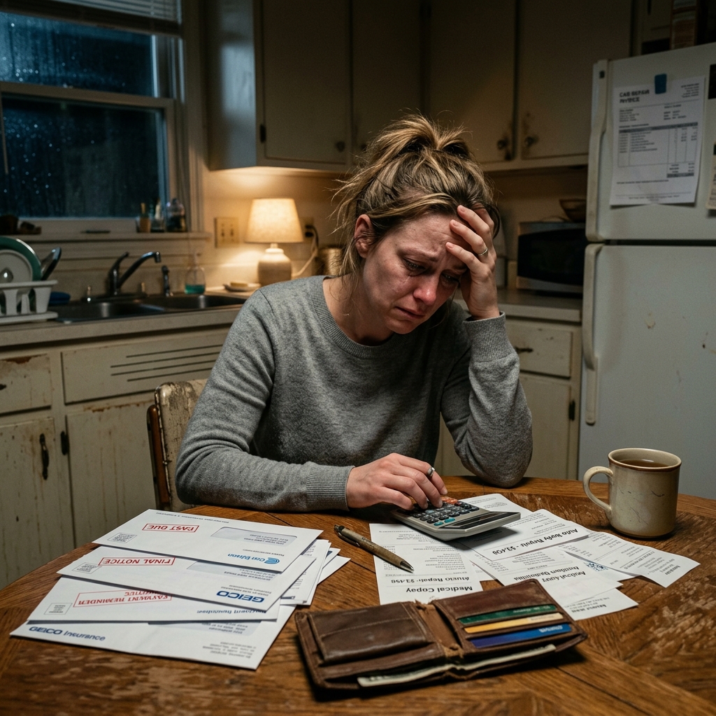 Mujer preocupada por los gastos económicos y facturas tras un accidente